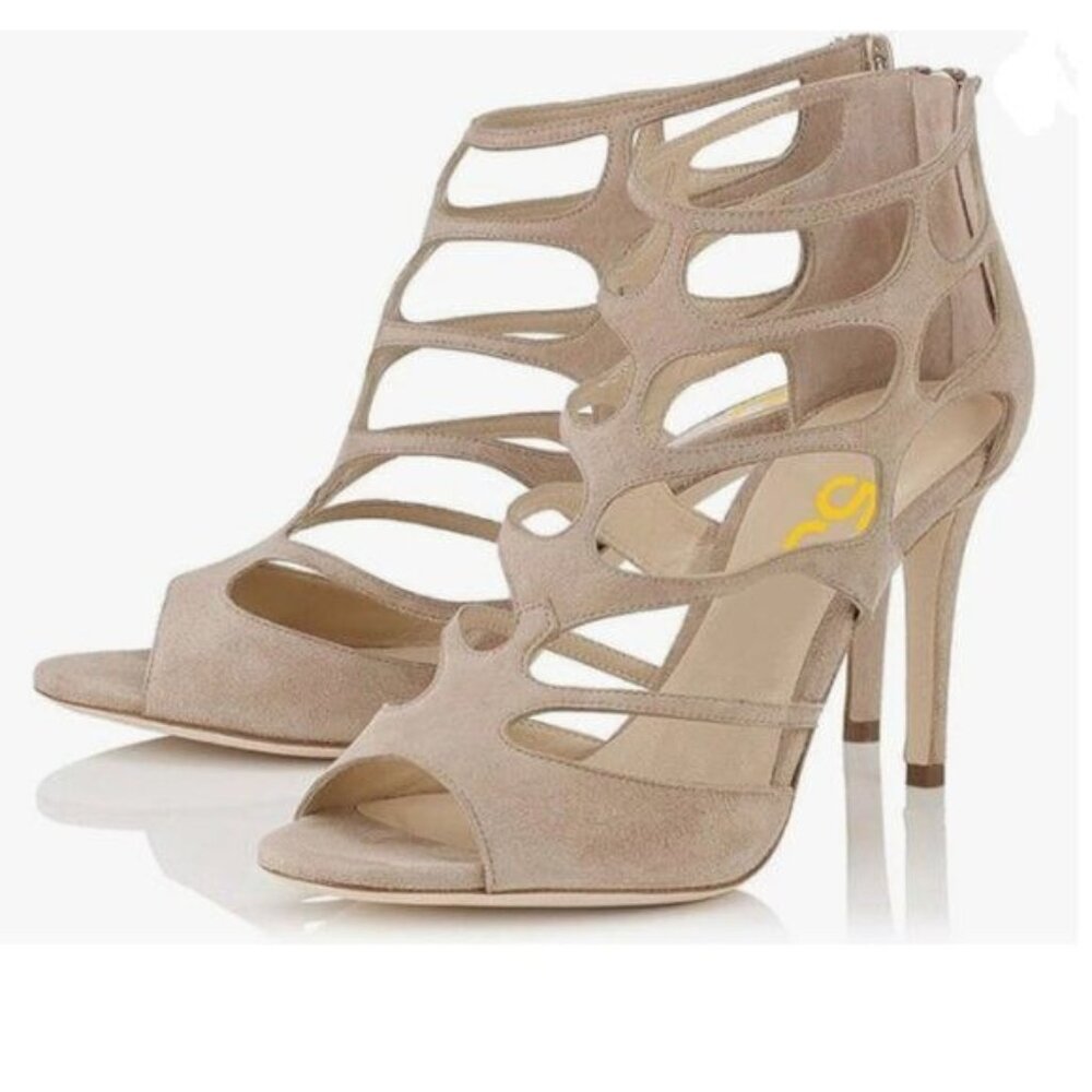 FSJ Beige Caged Dress Sandals Chic Peep Toe Cutout Strappy High Heels Shoes